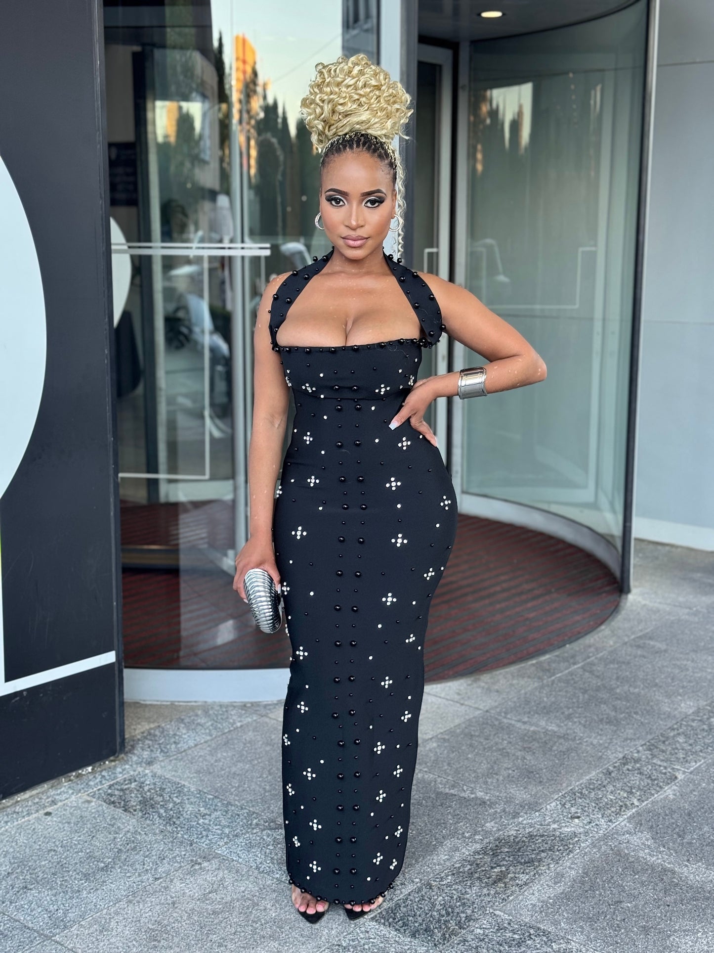 Midnight Elegance Beaded Bandage Gown – Black Maxi Dress