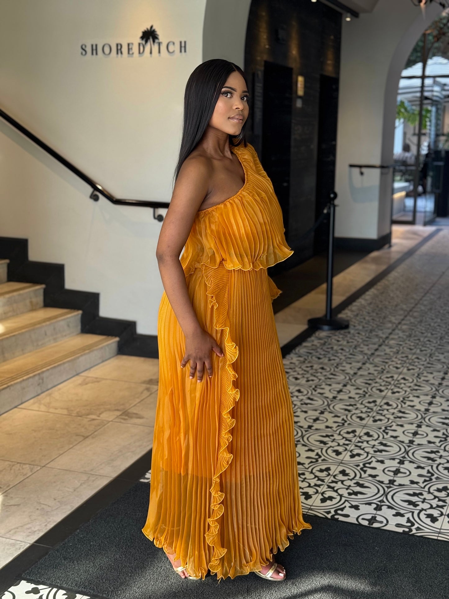 Golden Aura Pleated Maxi Dress