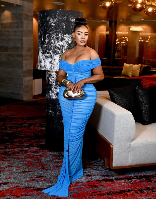 blue off-shoulder ruched maxi dress