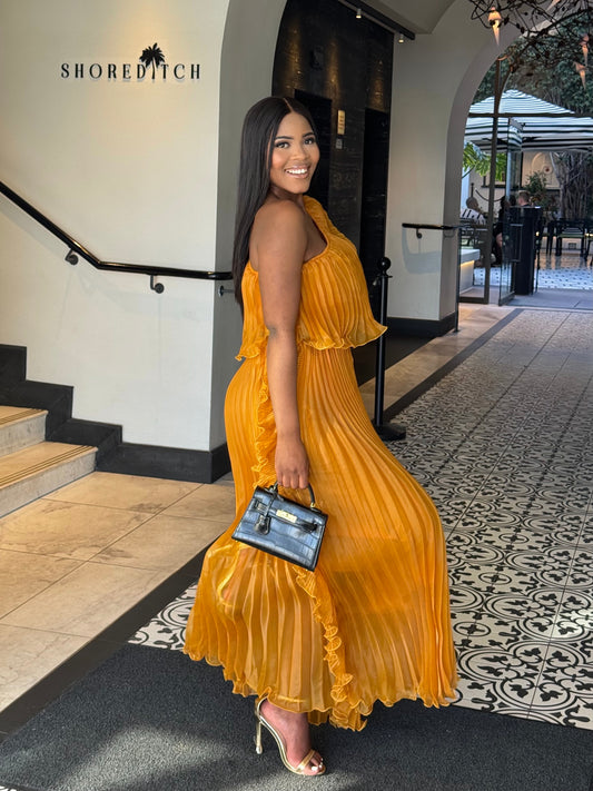 Golden Aura Pleated Maxi Dress