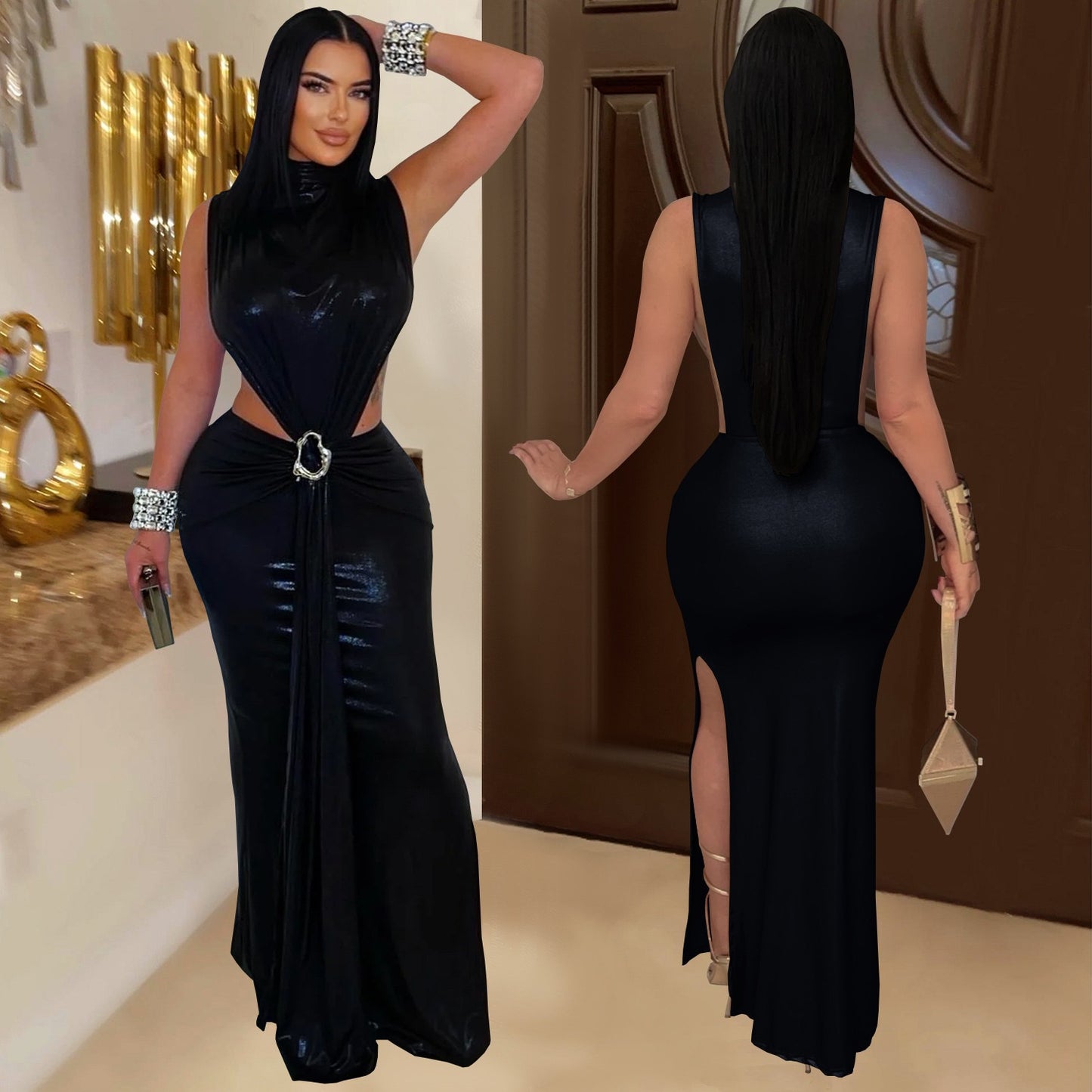 Noir Metallic Cutout Maxi Dress