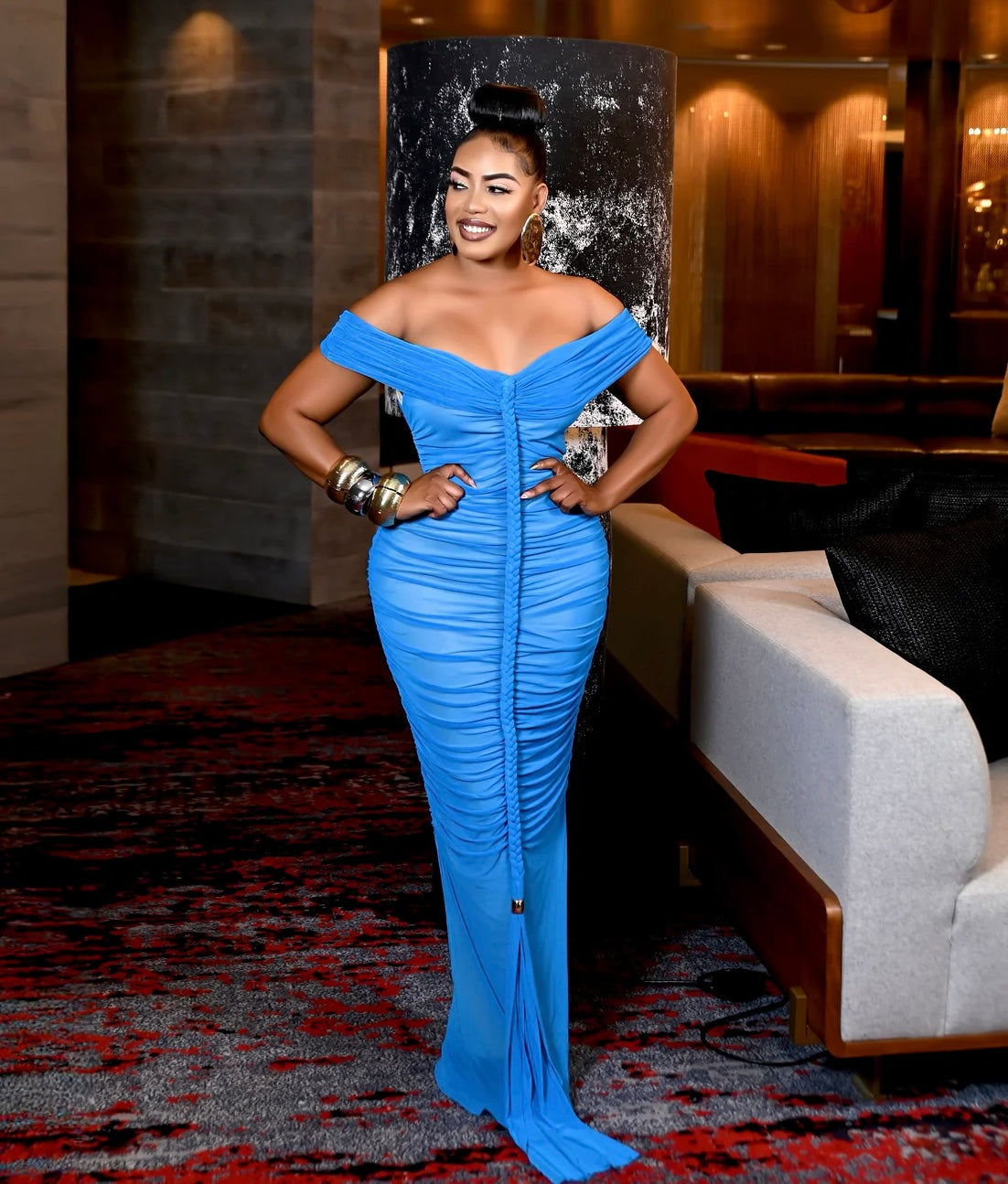 blue off-shoulder ruched maxi dress