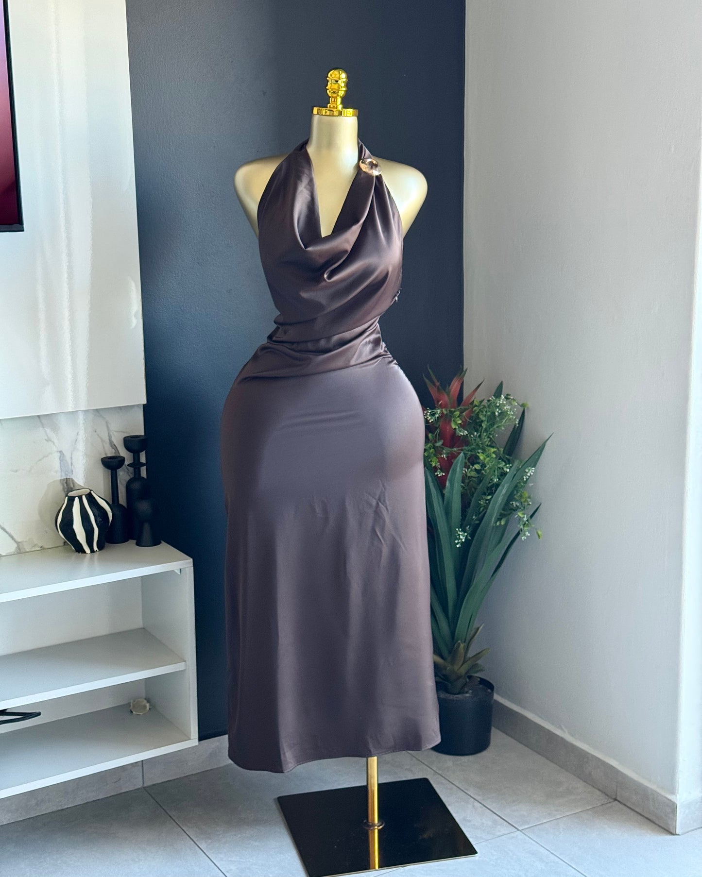 Mila Chocolate Satin Halter Dress
