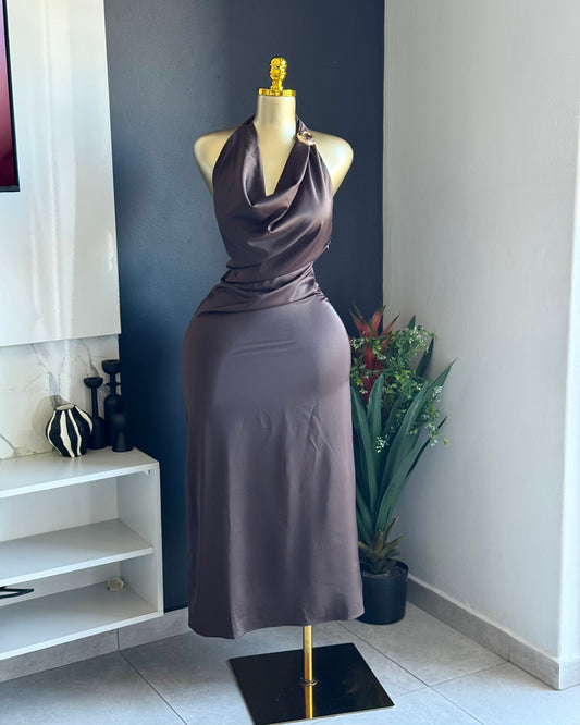 Mila Chocolate Satin Halter Dress