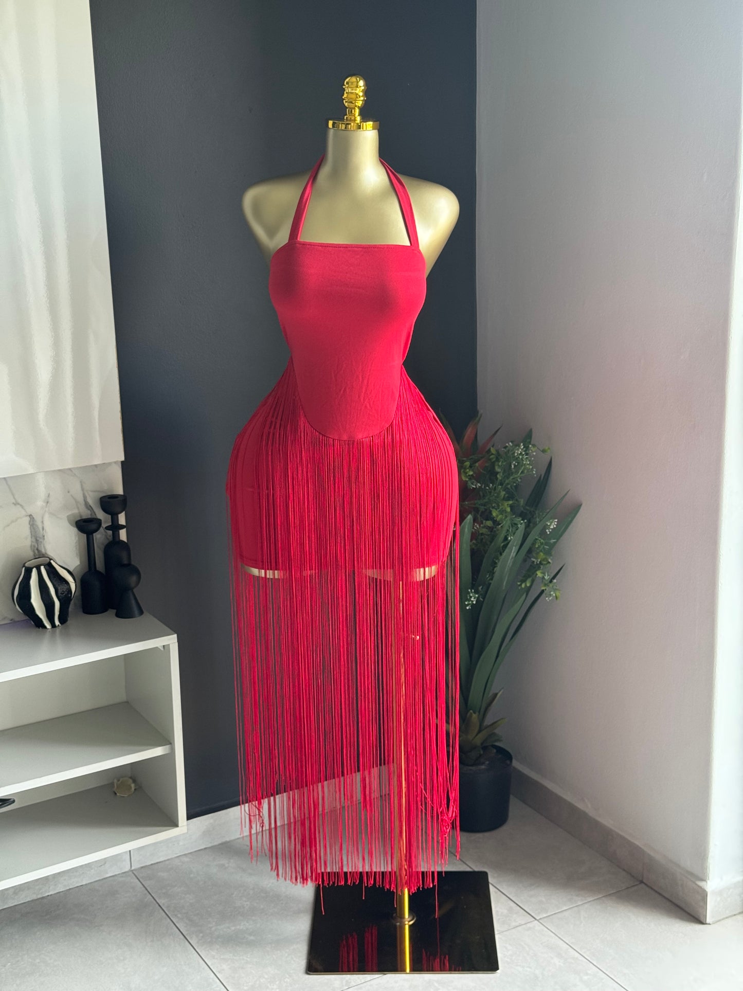 Scarlet Fringe Halter Dress