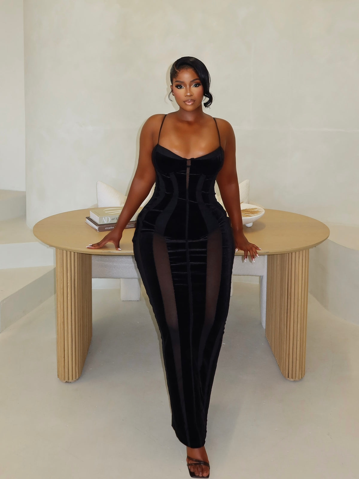 Naomi Black Velvet Mesh Maxi Dress
