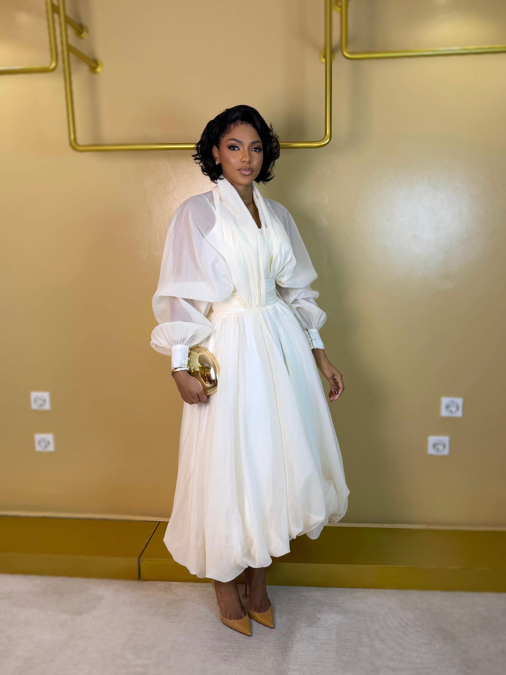 Aurelia Ivory Puff Sleeve Midi Dress