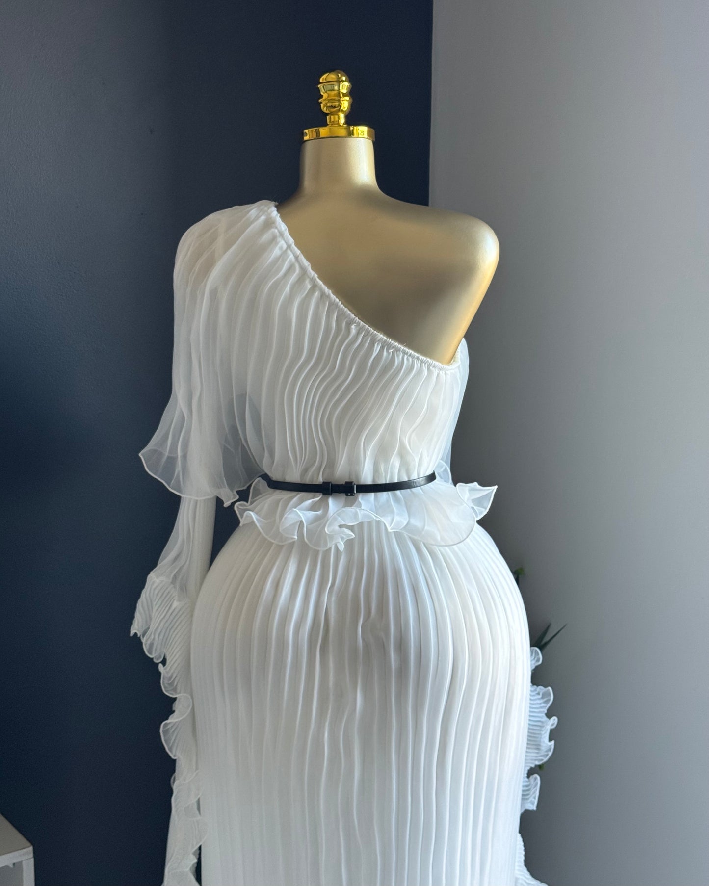 Serena White Pleated One-Shoulder Midi Dress