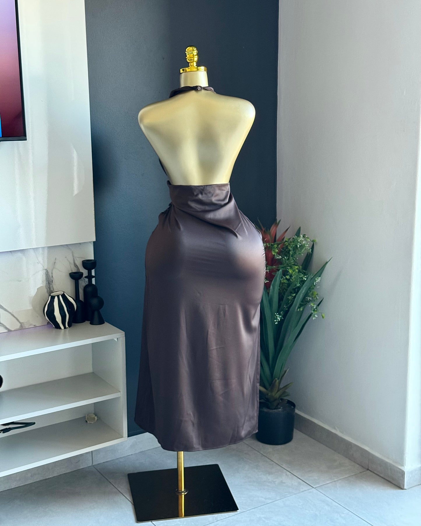Mila Chocolate Satin Halter Dress