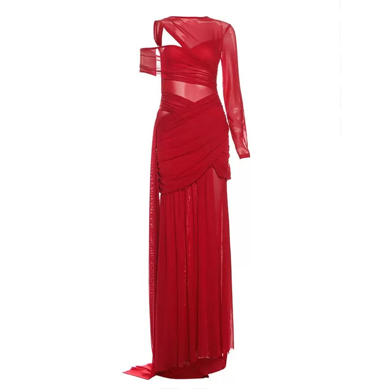 Kiara Red Asymmetric Cutout Maxi Dress