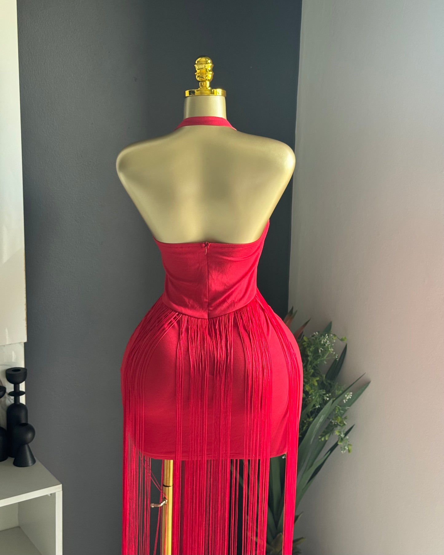 Scarlet Fringe Halter Dress