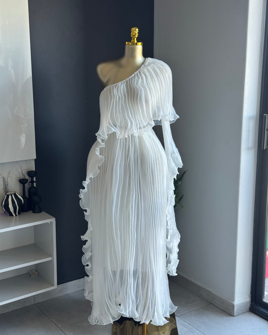 Serena White Pleated One-Shoulder Midi Dress