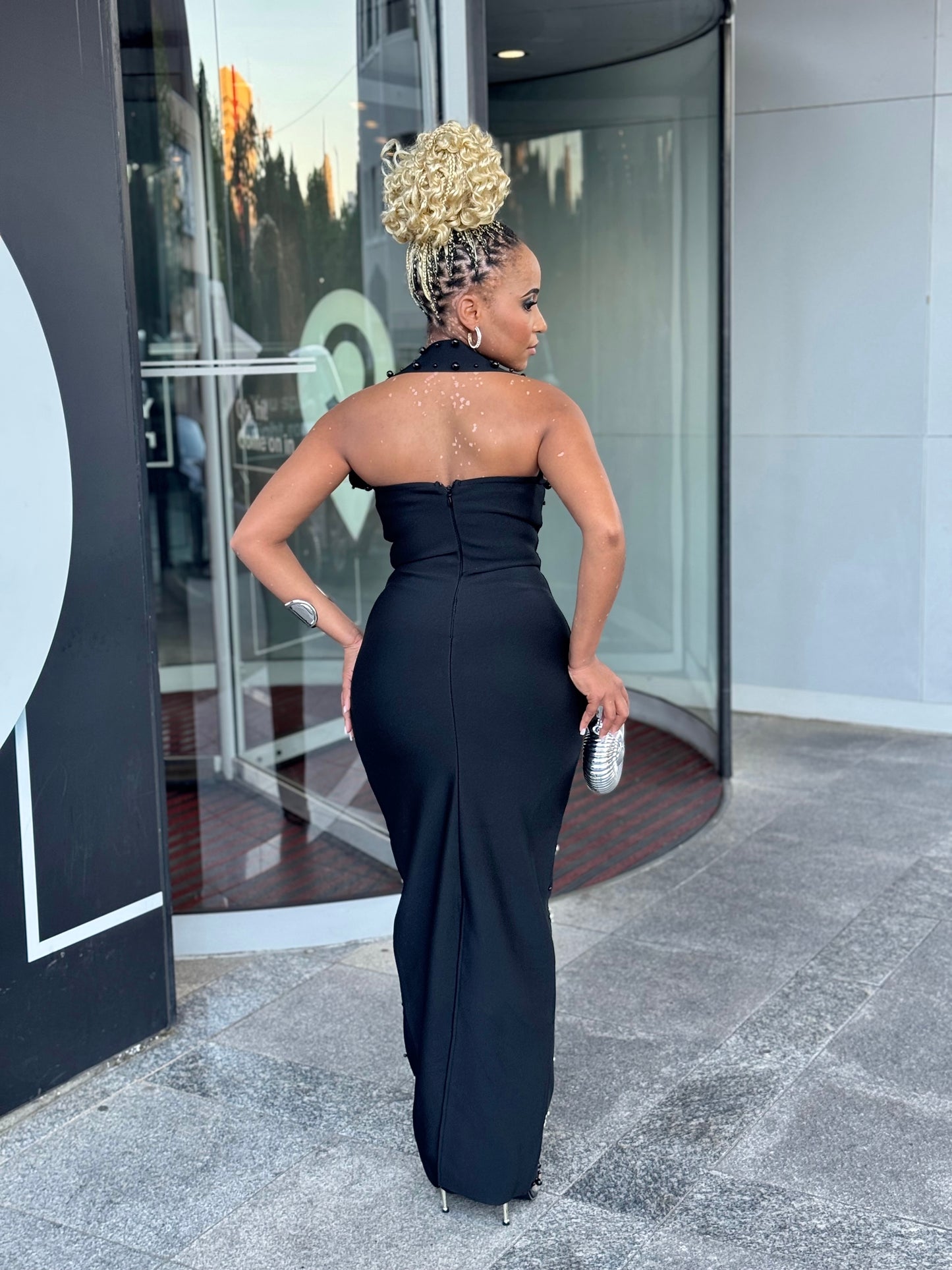 Midnight Elegance Beaded Bandage Gown – Black Maxi Dress