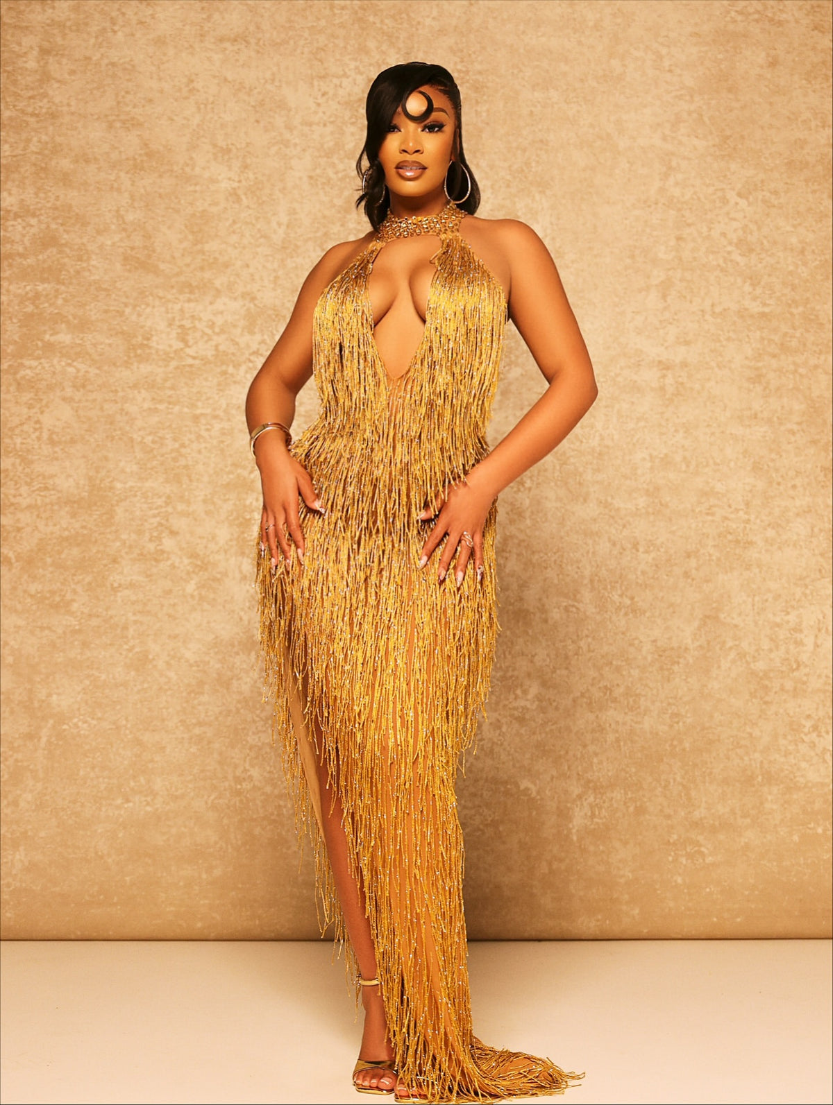 Azélie Gold Fringe Maxi Dress