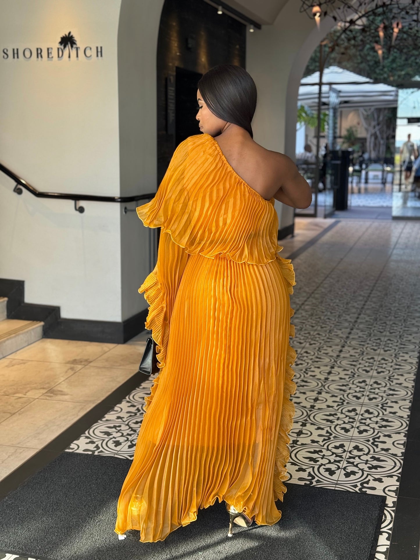 Golden Aura Pleated Maxi Dress