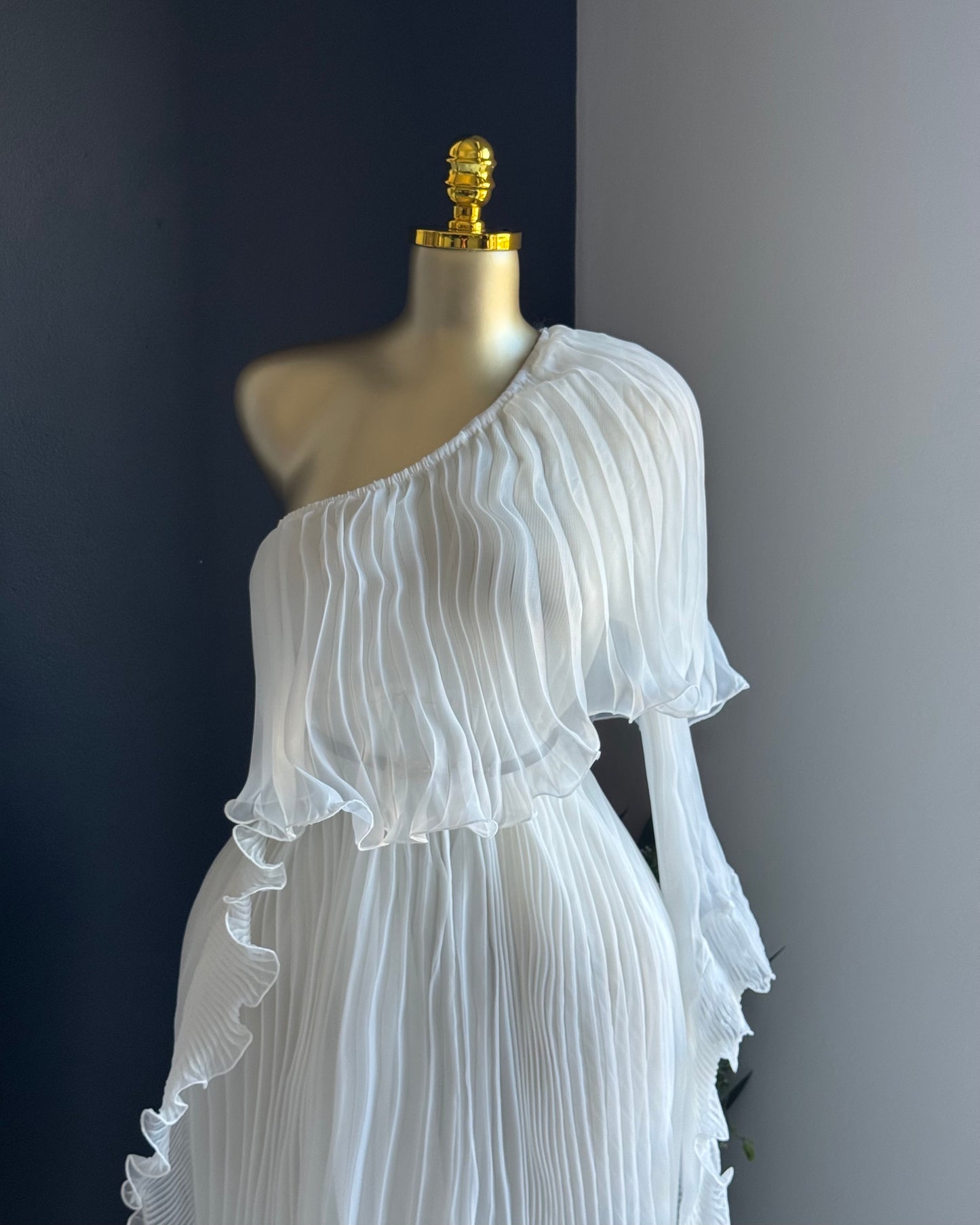 Serena White Pleated One-Shoulder Midi Dress