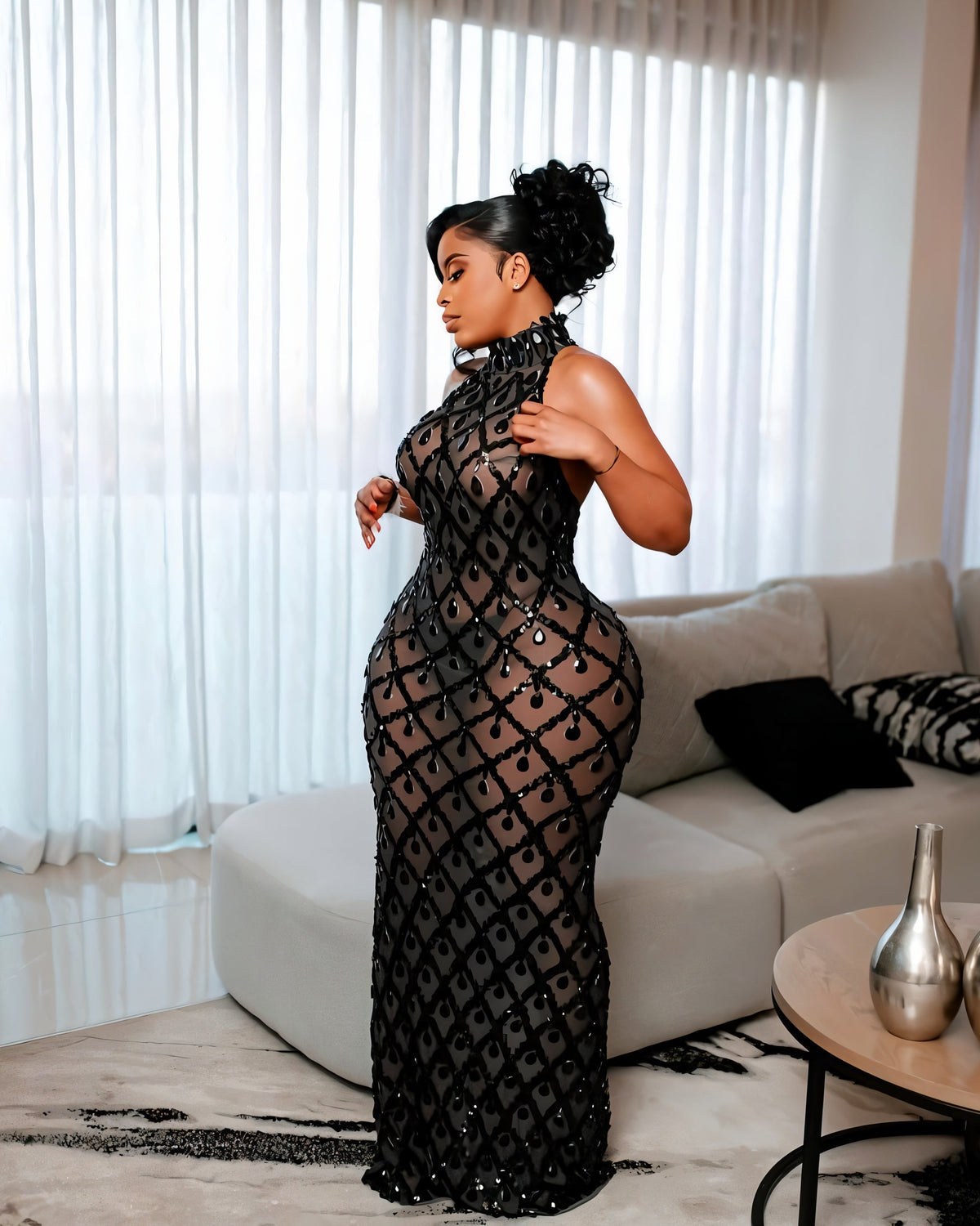 Midnight Crystal Embellished Gown – Black Sheer Maxi Dress