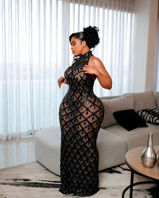 Midnight Crystal Embellished Gown – Black Sheer Maxi Dress