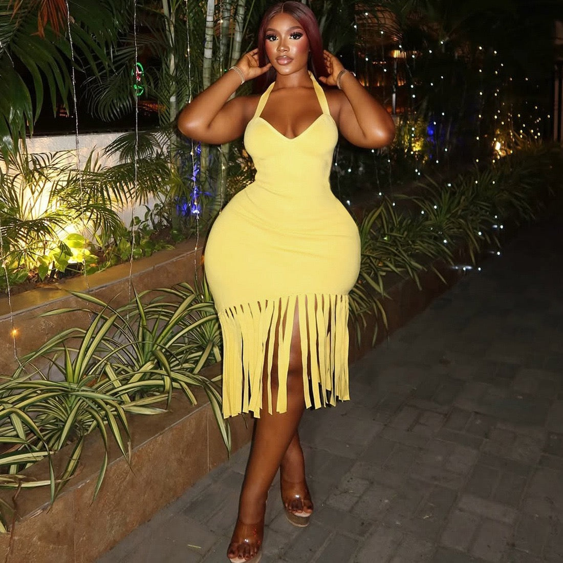 Kalina Yellow Fringe Midi Dress