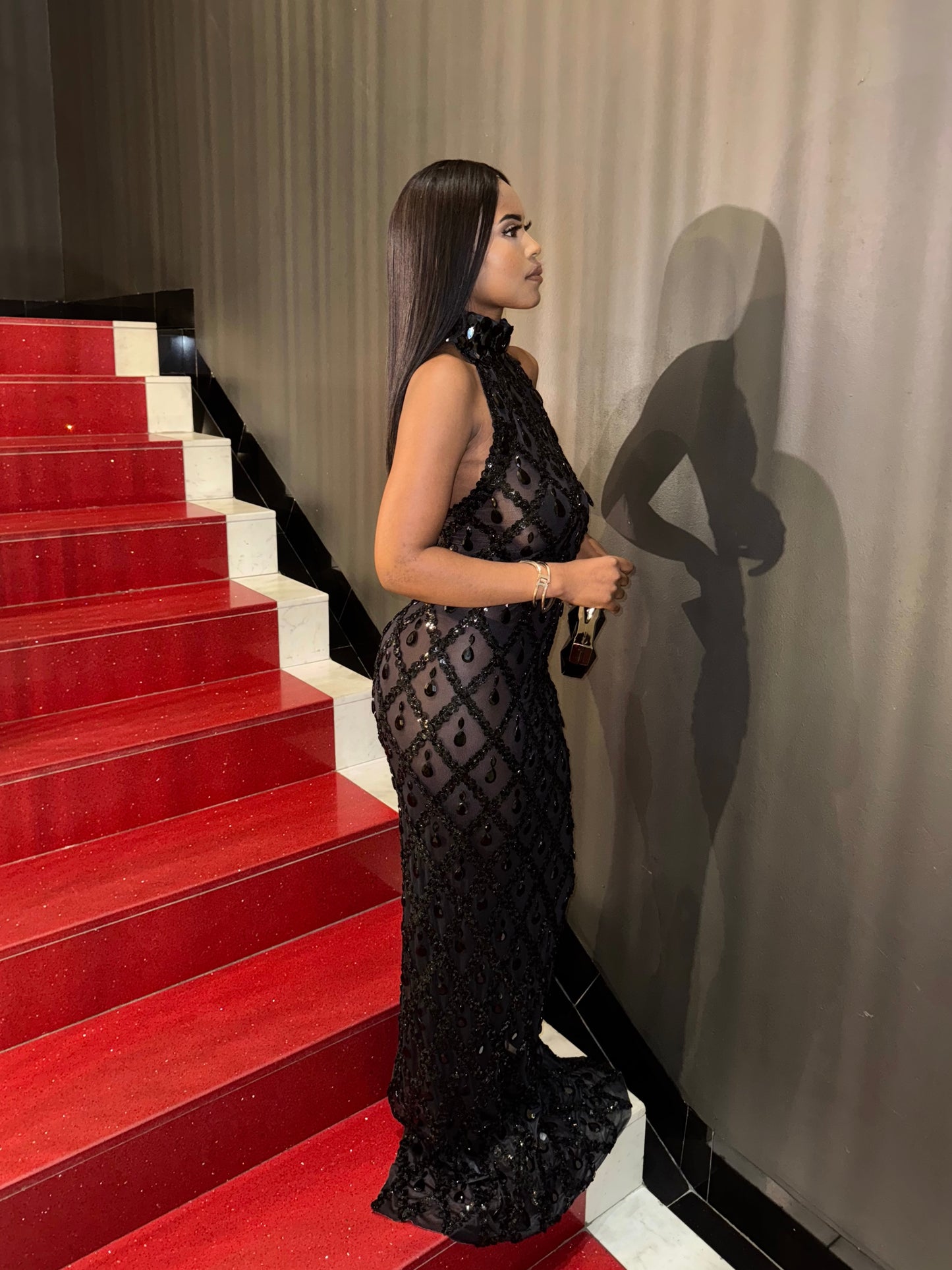 Midnight Crystal Embellished Gown – Black Sheer Maxi Dress