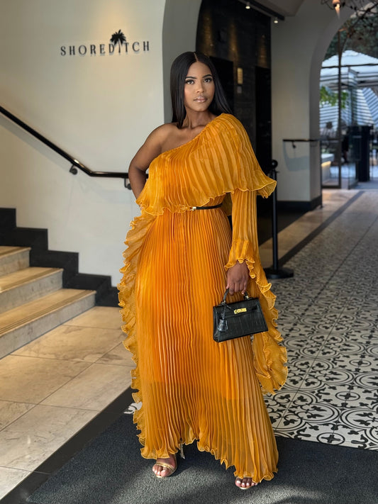 Golden Aura Pleated Maxi Dress