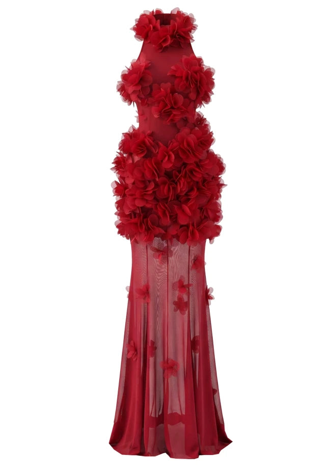 Oriana Red 3D Floral Maxi Dress