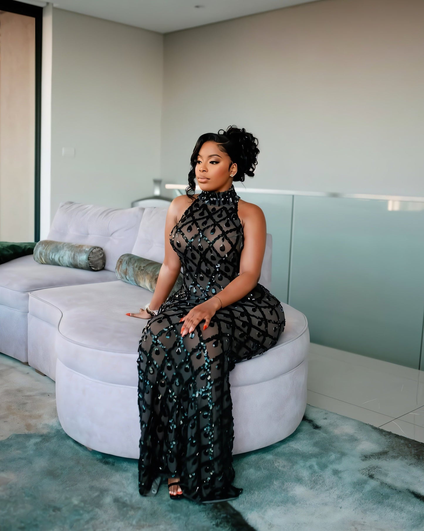 Midnight Crystal Embellished Gown – Black Sheer Maxi Dress