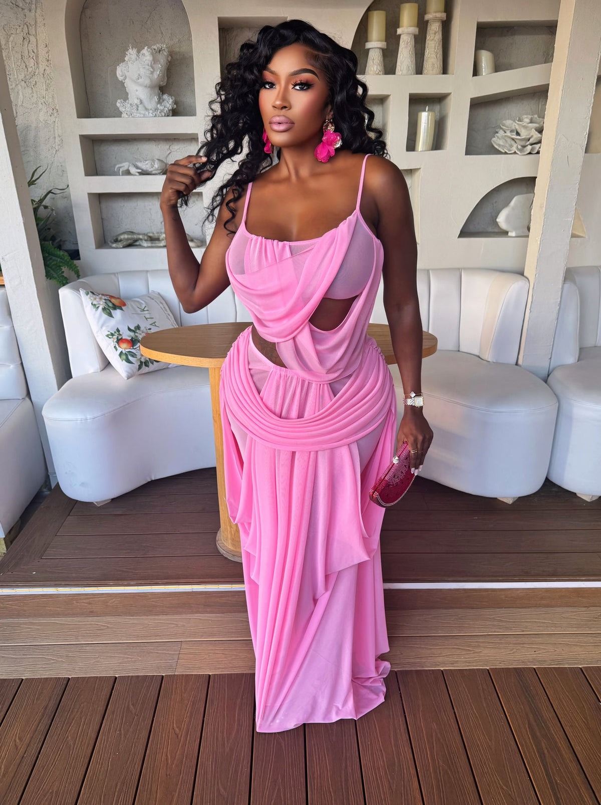 PINK FANTASY DRAPED MAXI DRESS