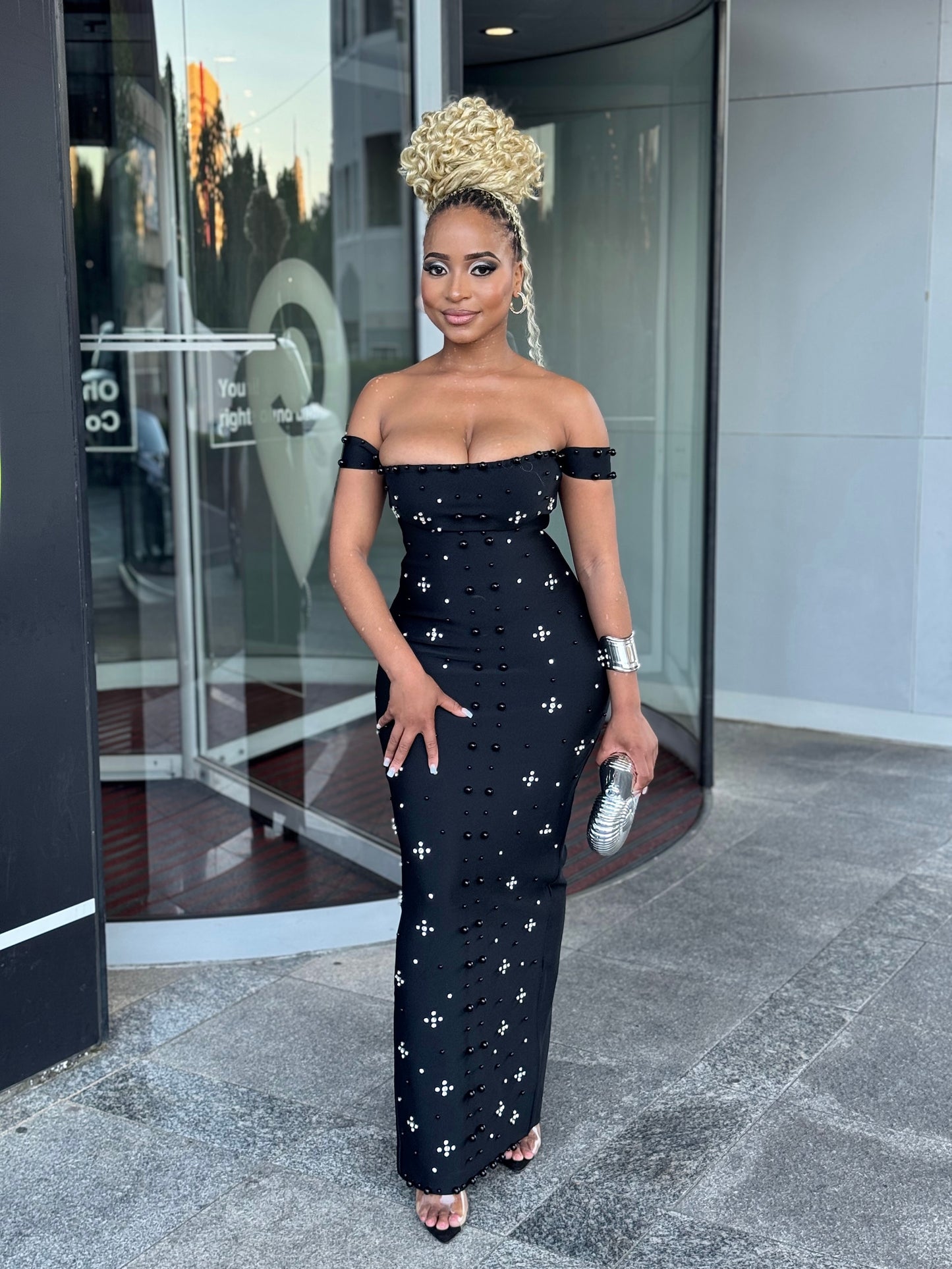 Midnight Elegance Beaded Bandage Gown – Black Maxi Dress