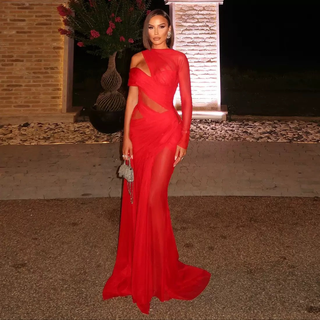 Kiara Red Asymmetric Cutout Maxi Dress