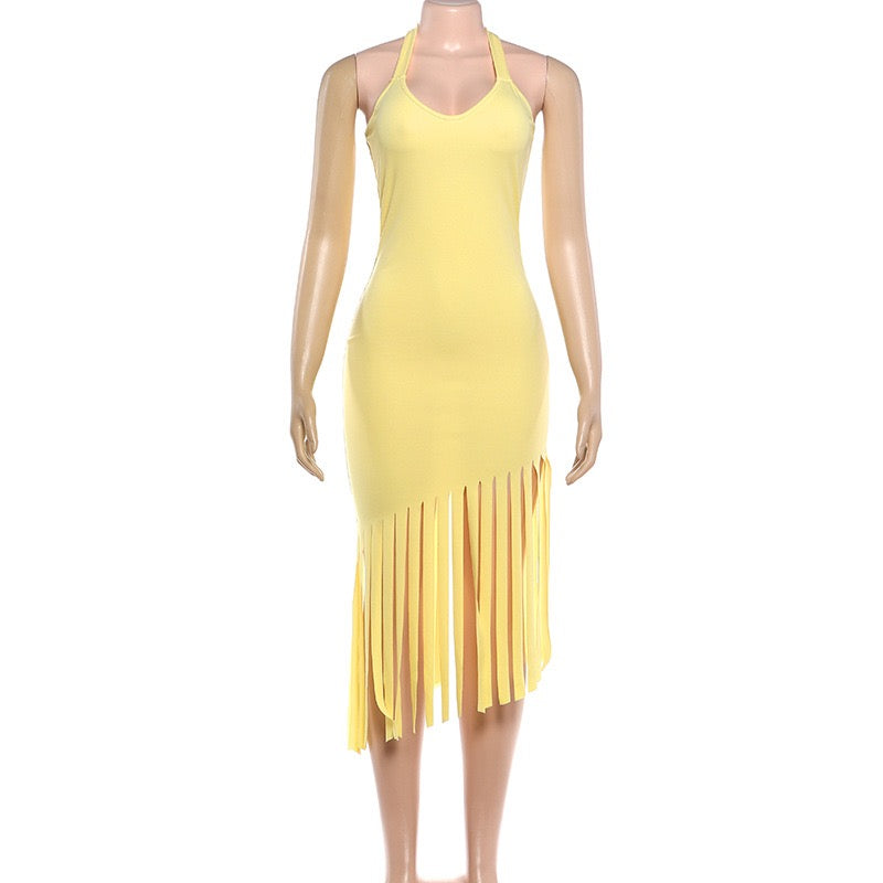 Kalina Yellow Fringe Midi Dress