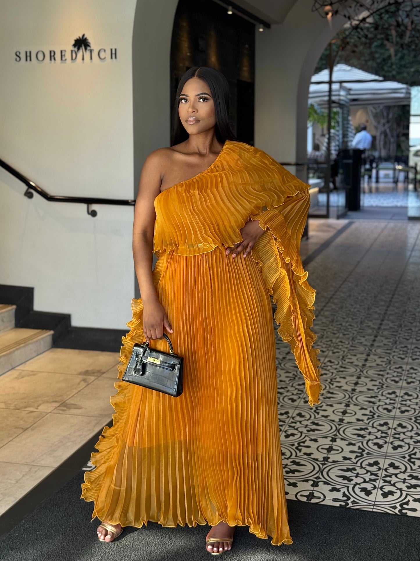 Golden Aura Pleated Maxi Dress