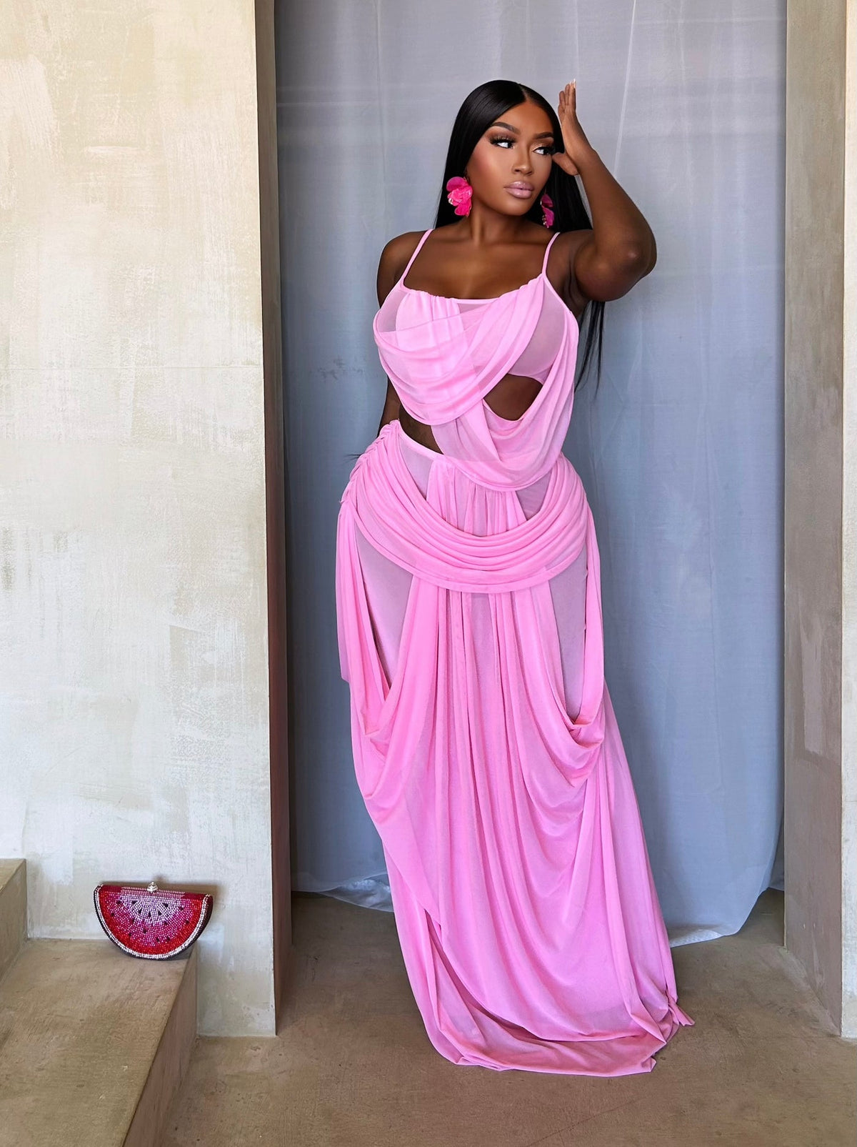 PINK FANTASY DRAPED MAXI DRESS