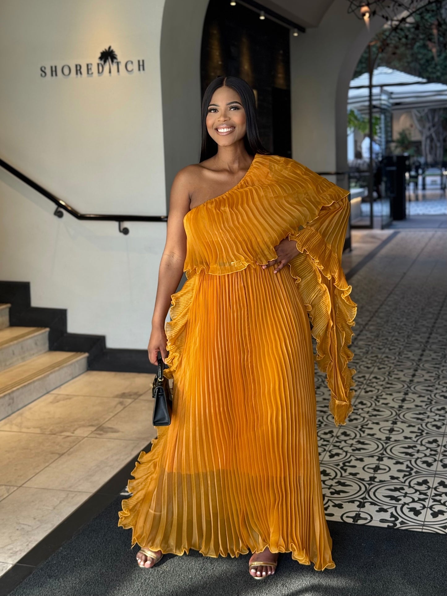 Golden Aura Pleated Maxi Dress