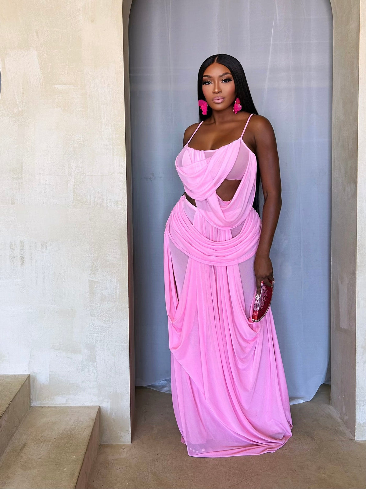 PINK FANTASY DRAPED MAXI DRESS
