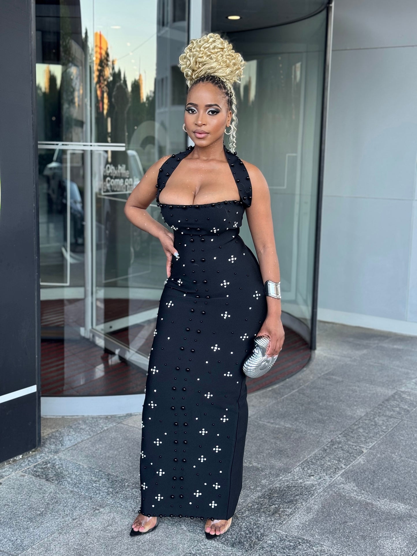 Midnight Elegance Beaded Bandage Gown – Black Maxi Dress