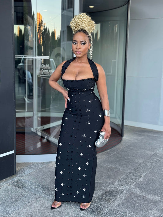 Midnight Elegance Beaded Bandage Gown – Black Maxi Dress