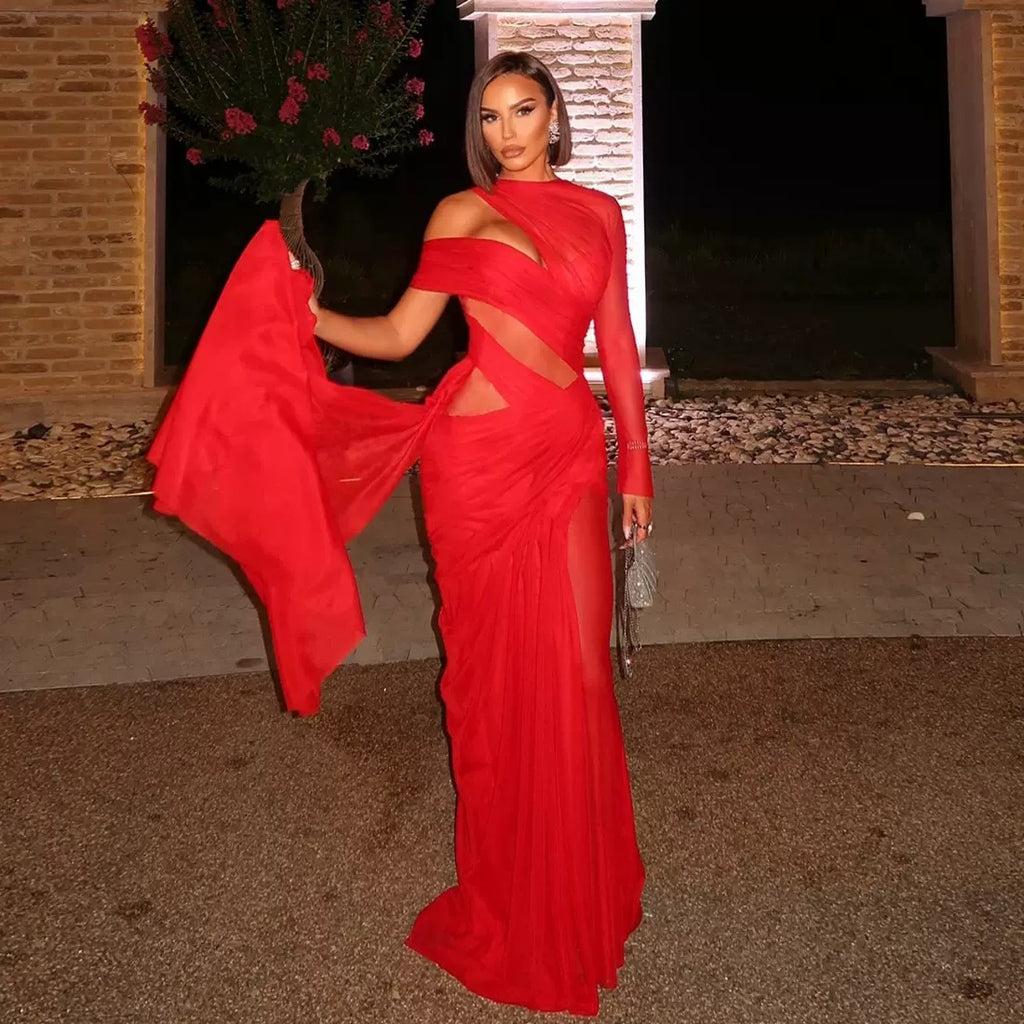 Kiara Red Asymmetric Cutout Maxi Dress