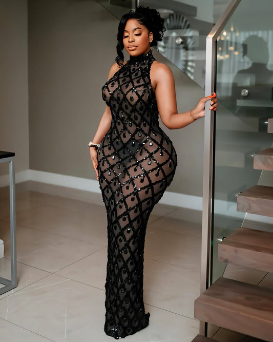 Midnight Crystal Embellished Gown – Black Sheer Maxi Dress