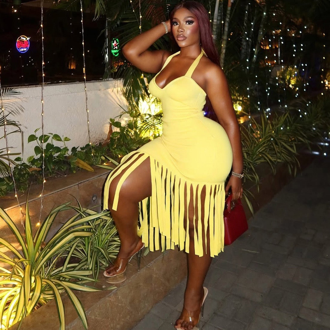 Kalina Yellow Fringe Midi Dress