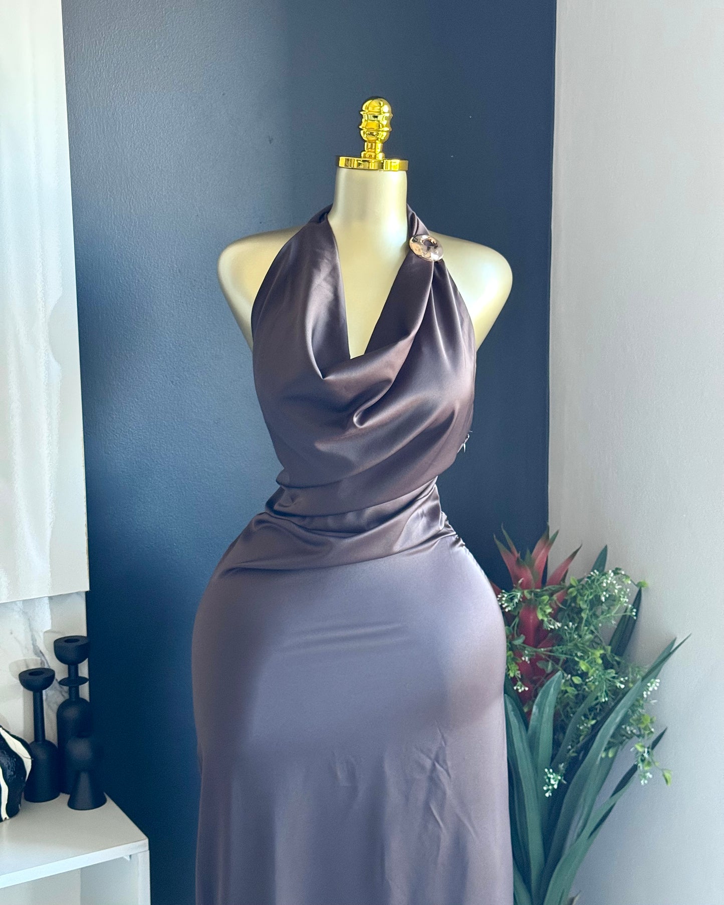 Mila Chocolate Satin Halter Dress