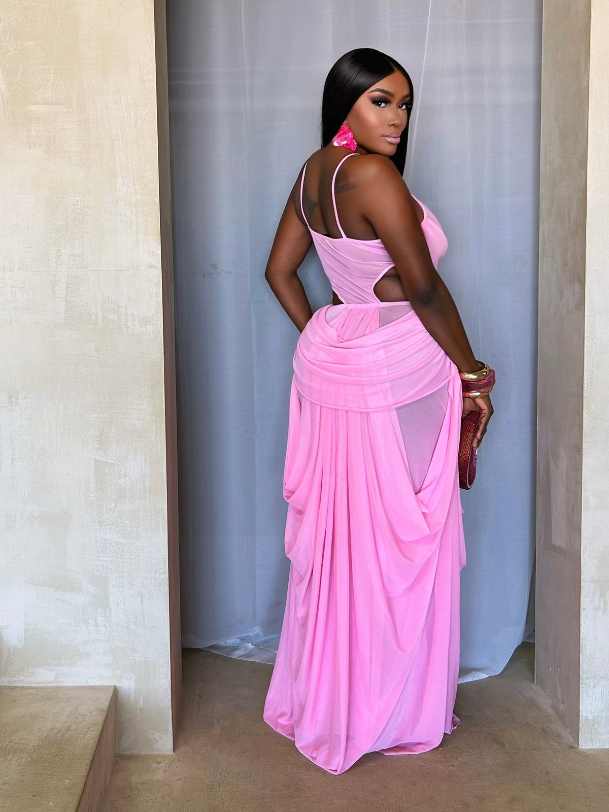 PINK FANTASY DRAPED MAXI DRESS