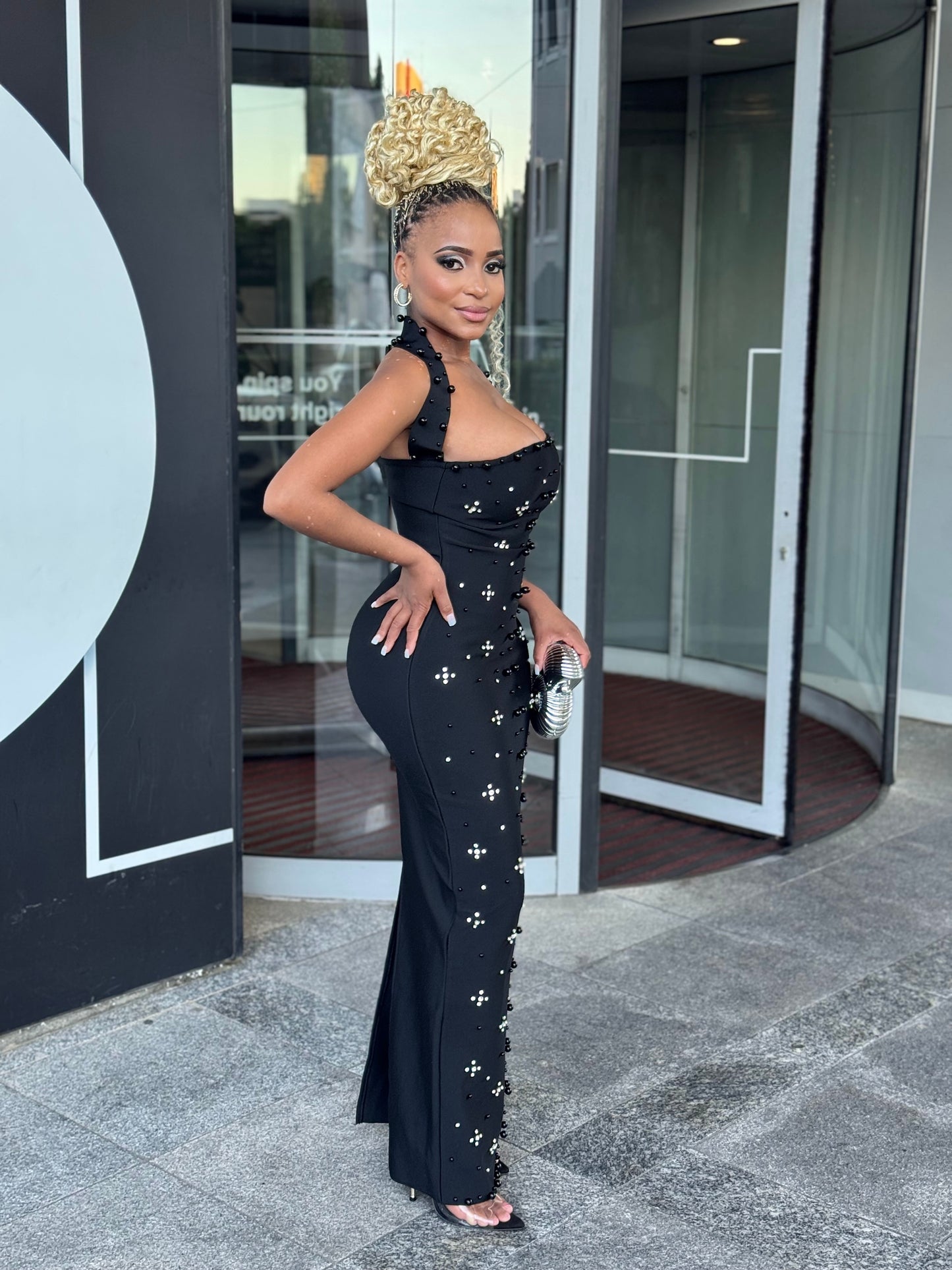 Midnight Elegance Beaded Bandage Gown – Black Maxi Dress