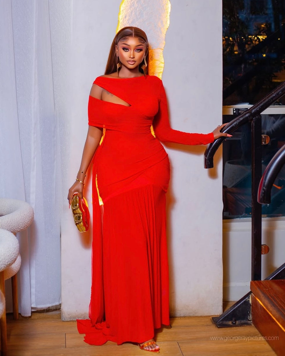 Kiara Red Asymmetric Cutout Maxi Dress