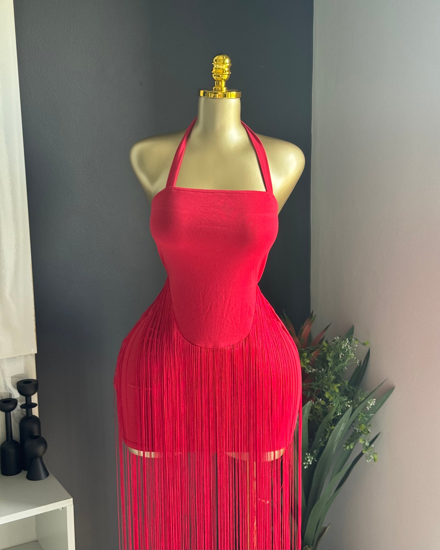 Scarlet Fringe Halter Dress