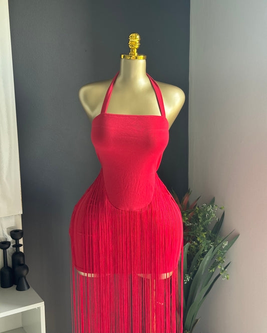 Scarlet Fringe Halter Dress