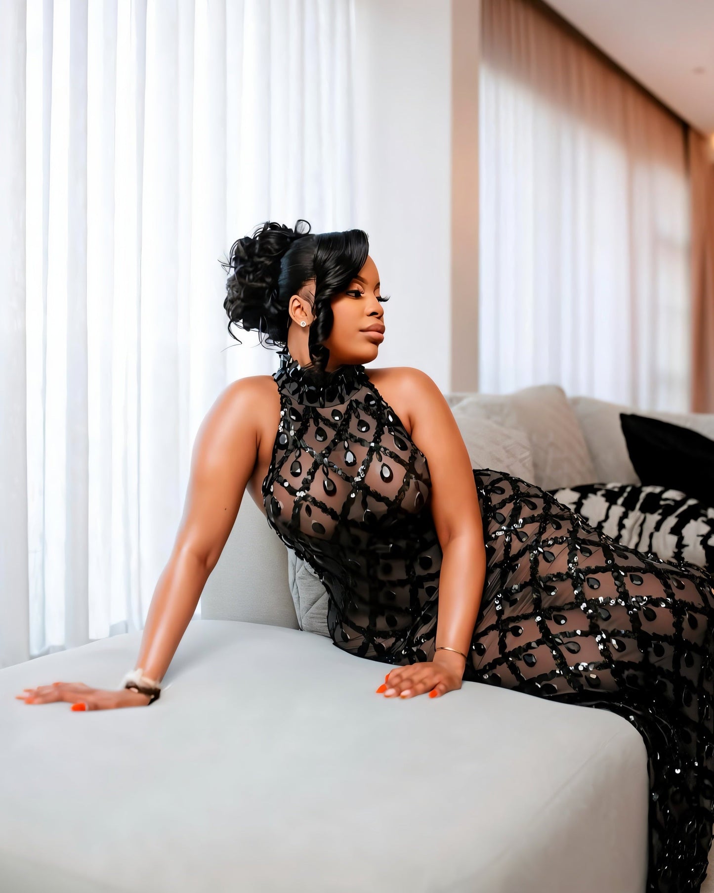 Midnight Crystal Embellished Gown – Black Sheer Maxi Dress