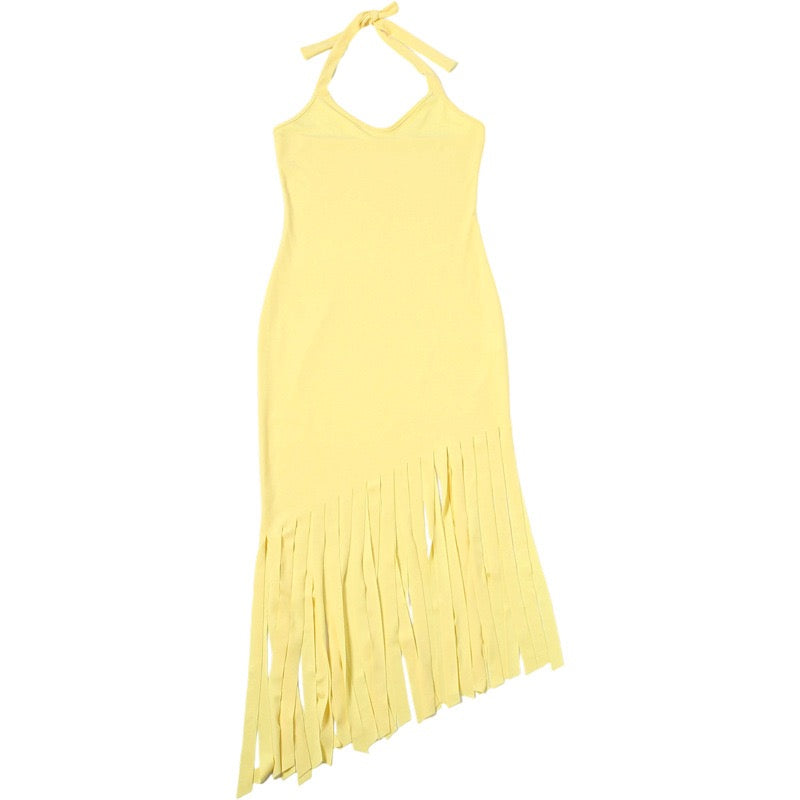 Kalina Yellow Fringe Midi Dress