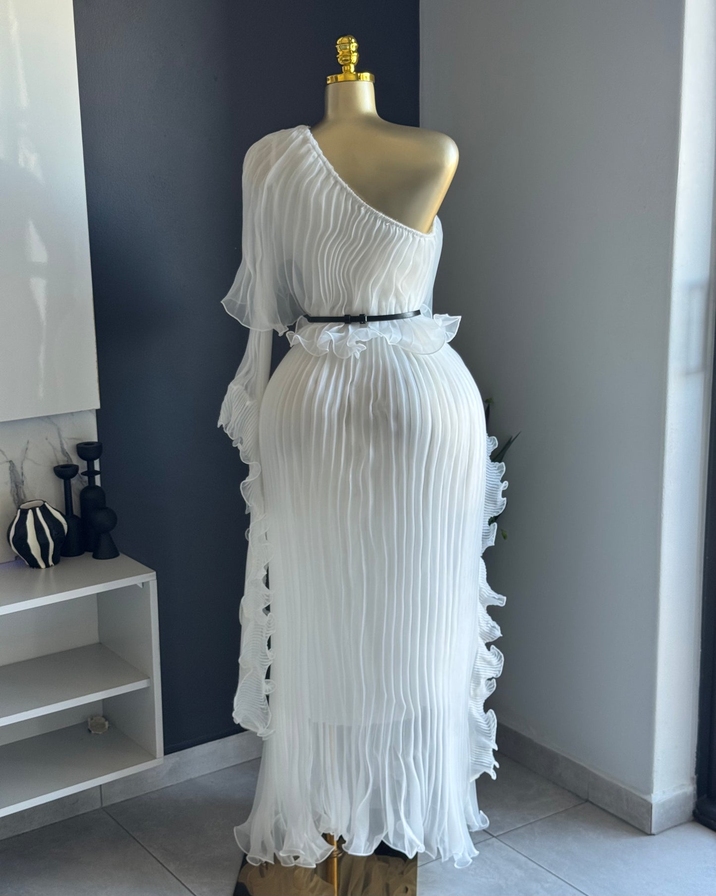 Serena White Pleated One-Shoulder Midi Dress