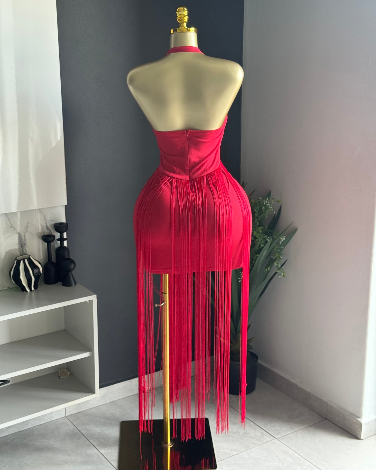 Scarlet Fringe Halter Dress